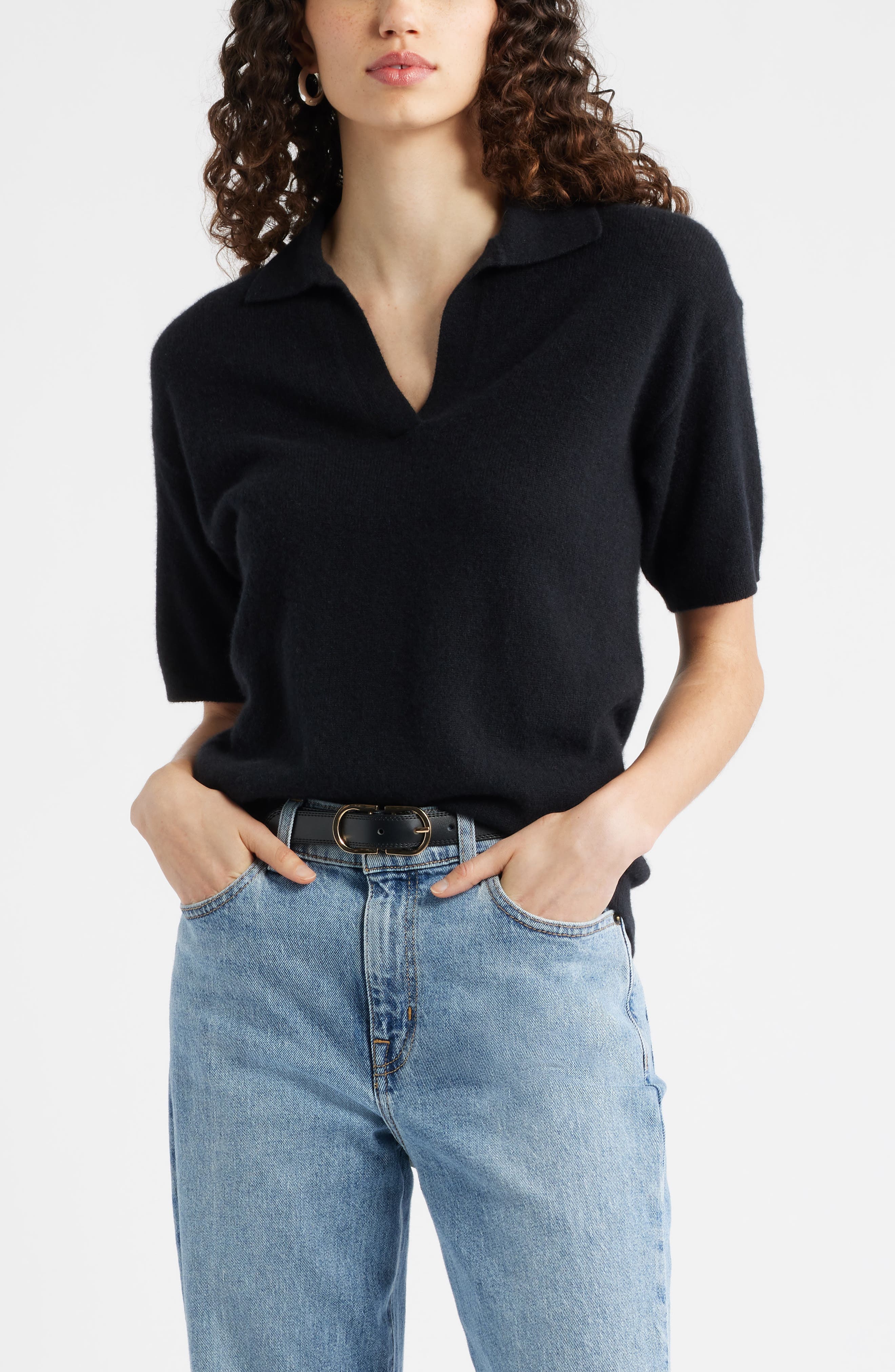 Cashmere Johnny Collar Short Sleeve Sweater