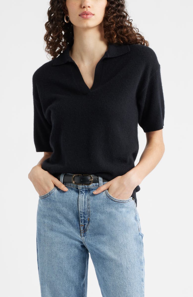 Nordstrom Cashmere Johnny Collar Short Sleeve Sweater, Main, color, Black Rock