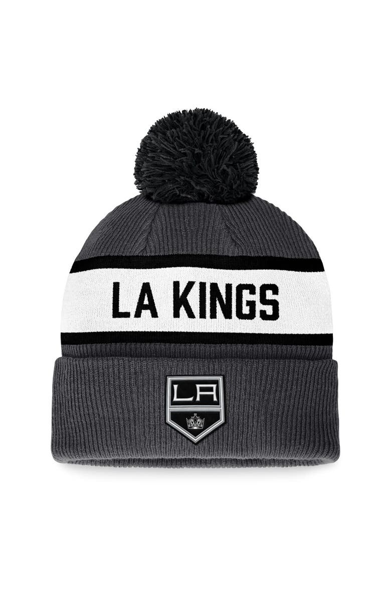 FANATICS Men's Fanatics Branded Charcoal Los Angeles Kings Fundamental Wordmark Cuffed Knit Hat with Pom, Main, color, 