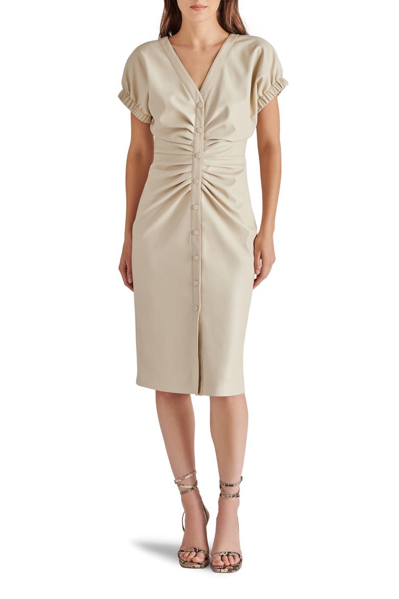 Arin Ruched Faux Leather Snap Front Dress, Main, color, BONE