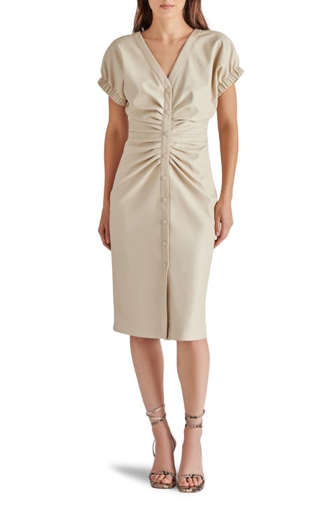 Arin Ruched Faux Leather Snap Front Dress