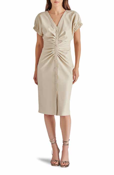 Arin Ruched Faux Leather Snap Front Dress