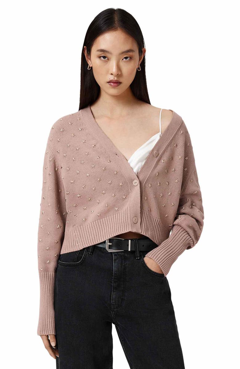 AllSaints Mazy Star Studded Cotton Cardigan, Alternate, color, Rose Smoke Pink