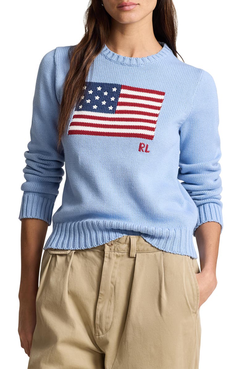 Polo Ralph Lauren Flag Crewneck Sweater, Main, color, Chambray Blue