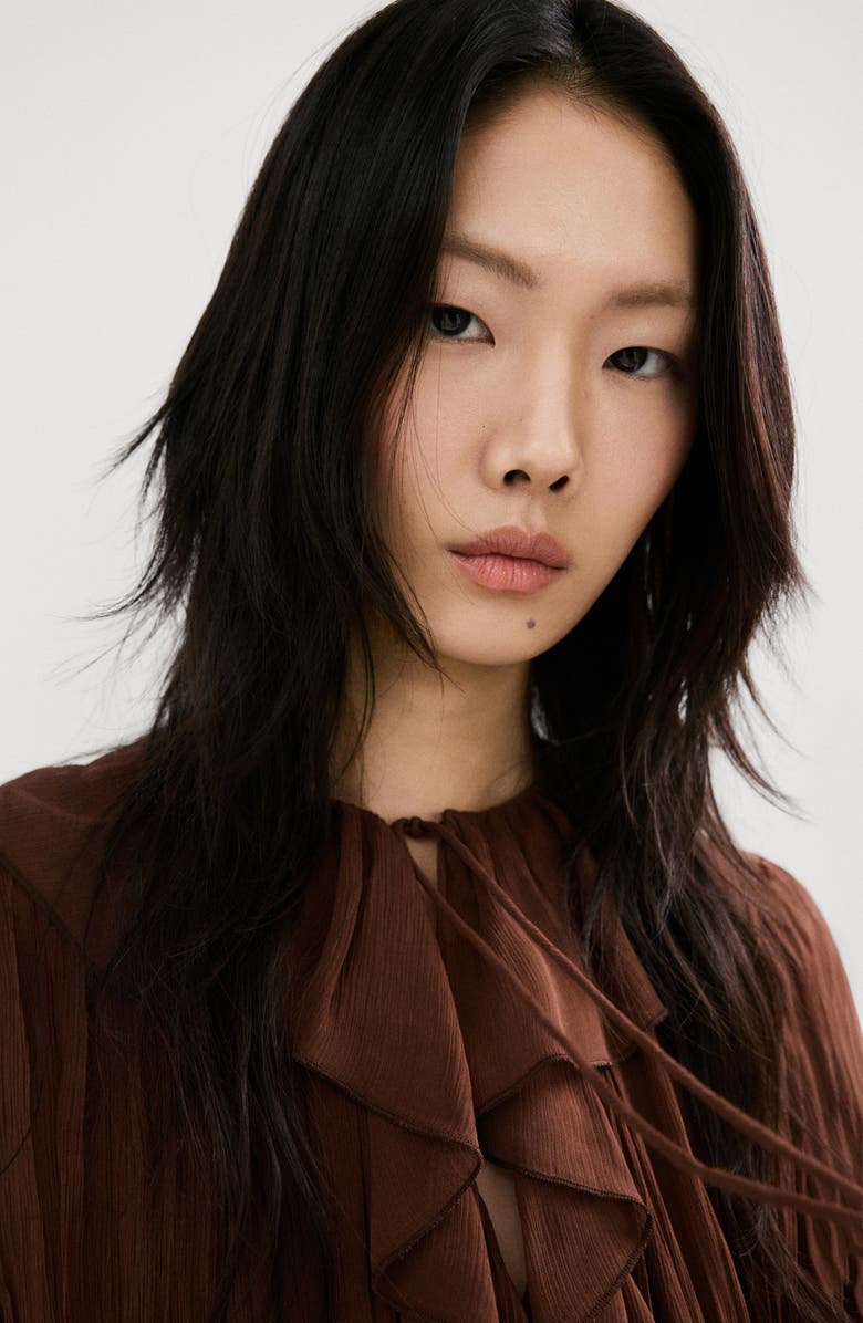 MANGO Busa Ceci Ruffle Crinkle Top, Alternate, color, Brown