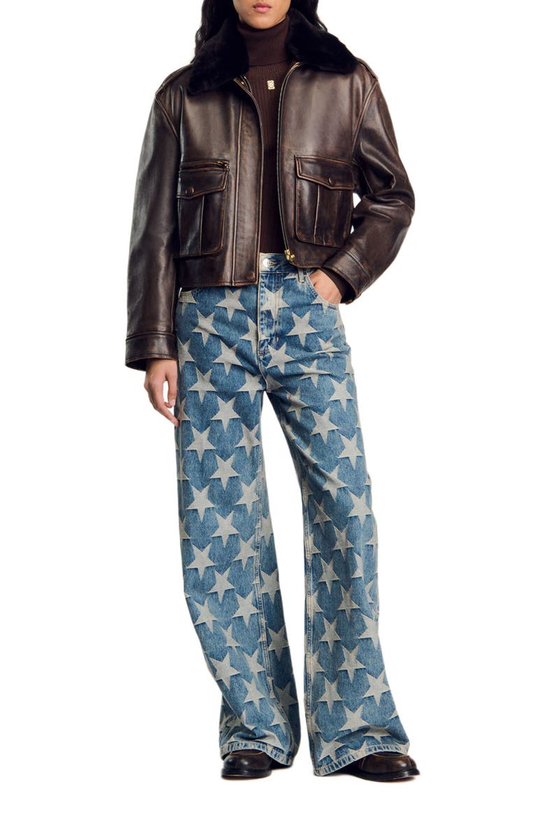 SANDRO Distressed leather jacket, Alternate, color, 