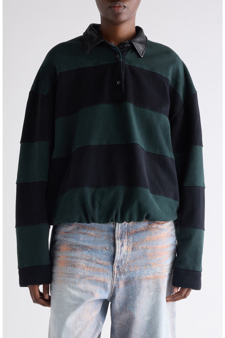 Striped Organic Cotton Fleece Polo Sweatshirt, Main, color, FOREST GREEN/ BLACK