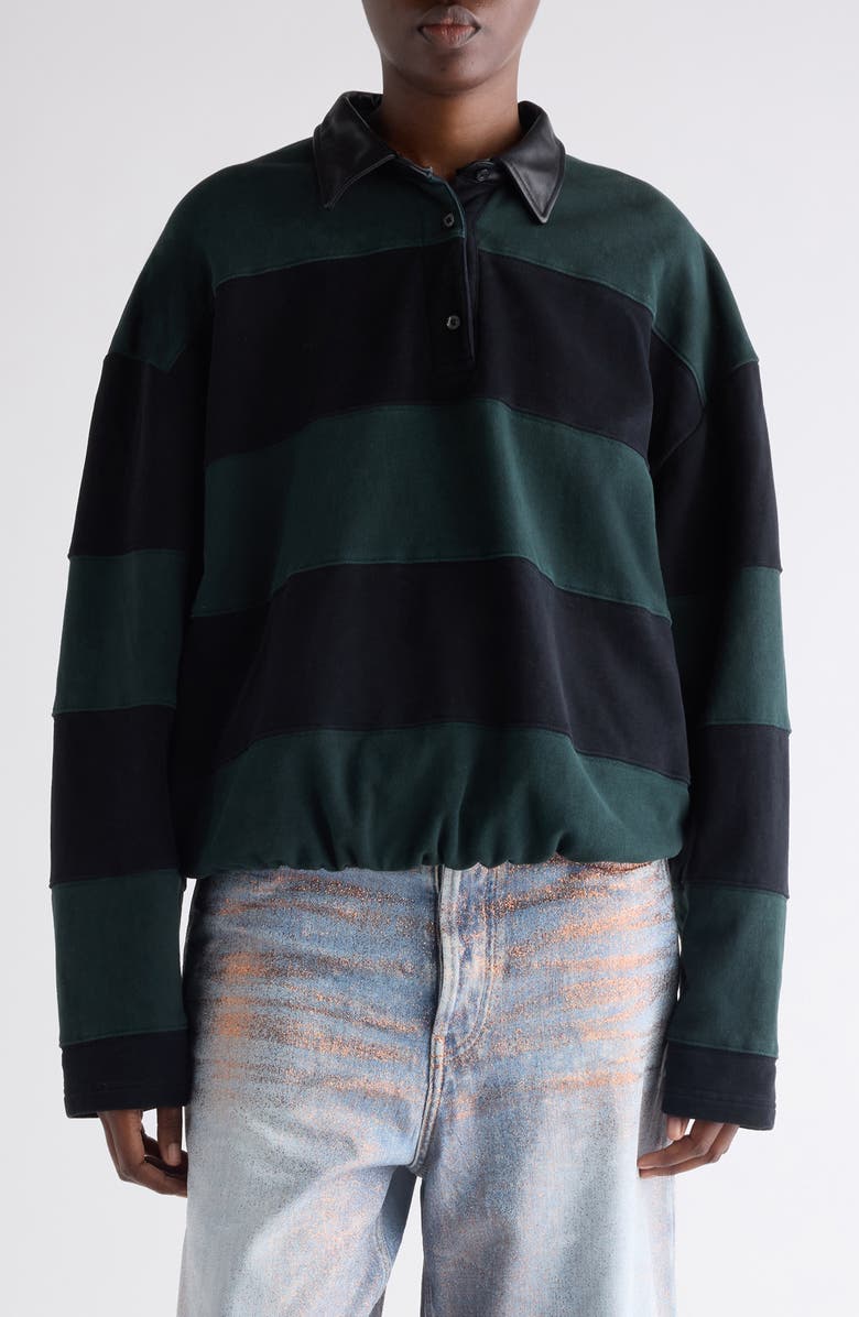Acne Studios Striped Organic Cotton Fleece Polo Sweatshirt, Main, color, Forest Green/ Black