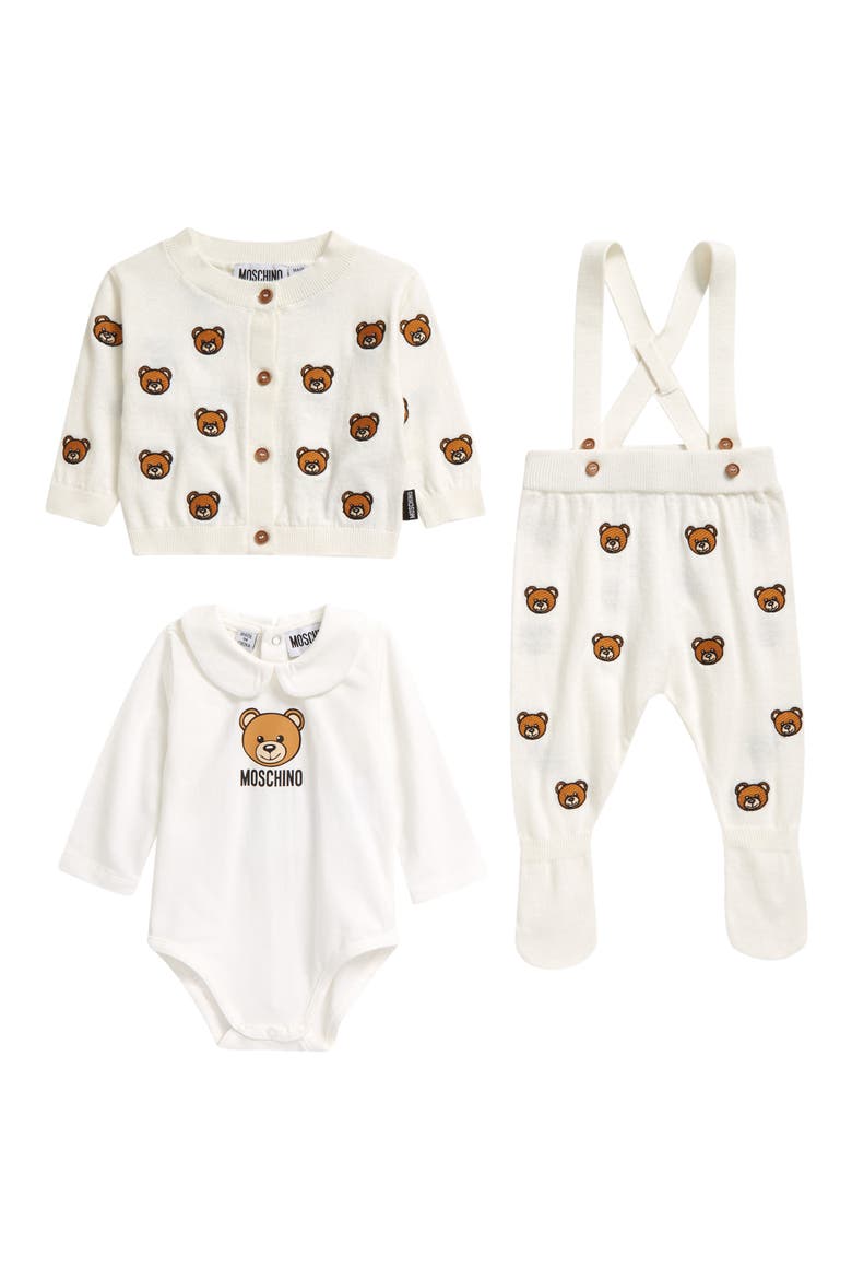 Bear Embroidered Cotton & Wool Cardigan, Bodysuit and Footie Pants Set, Main, color, CLOUD
