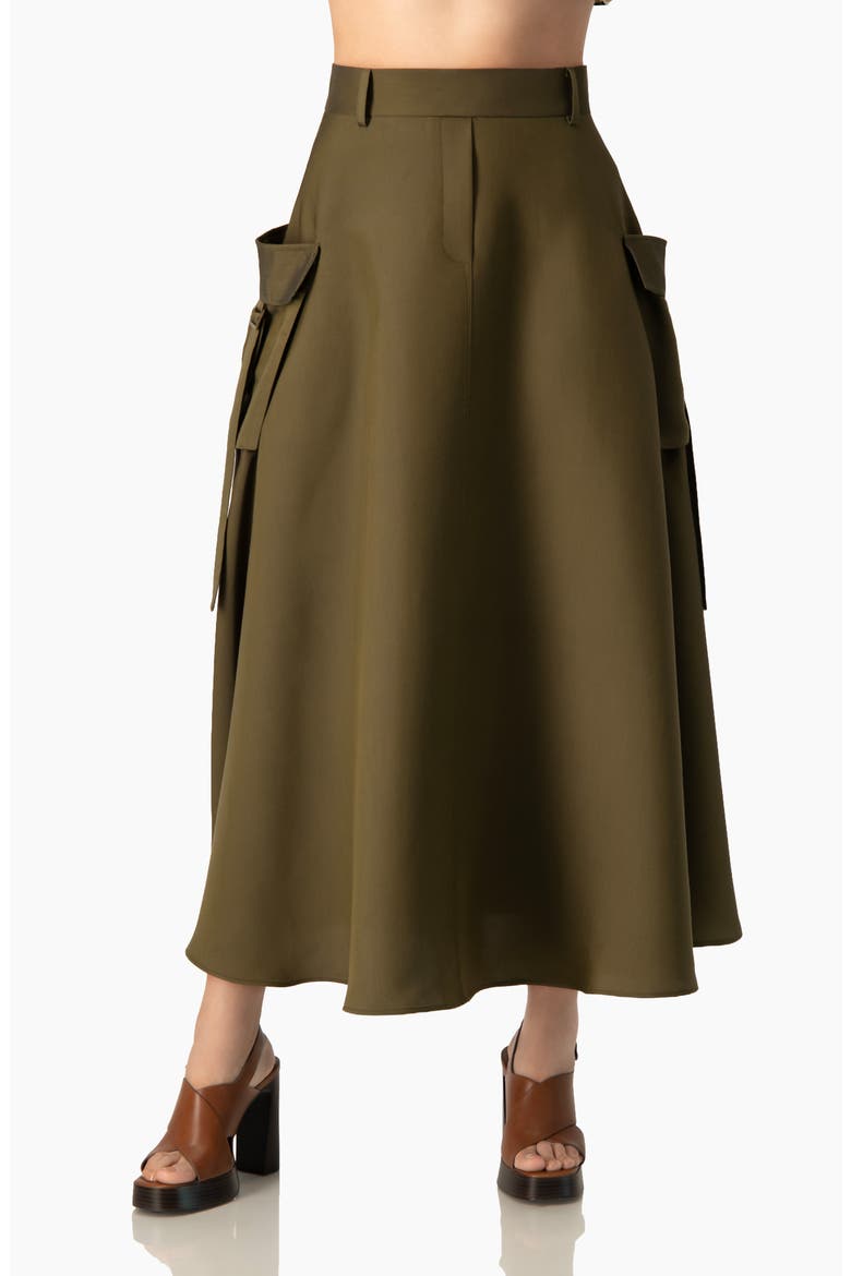 Cargo A-Line, High-Waist Pocket Midi Skirt in Structured Twill, Main, color, Olive Green