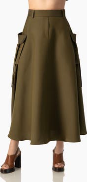 IVONNE Cargo A-Line, High-Waist Pocket Midi Skirt in Structured Twill
