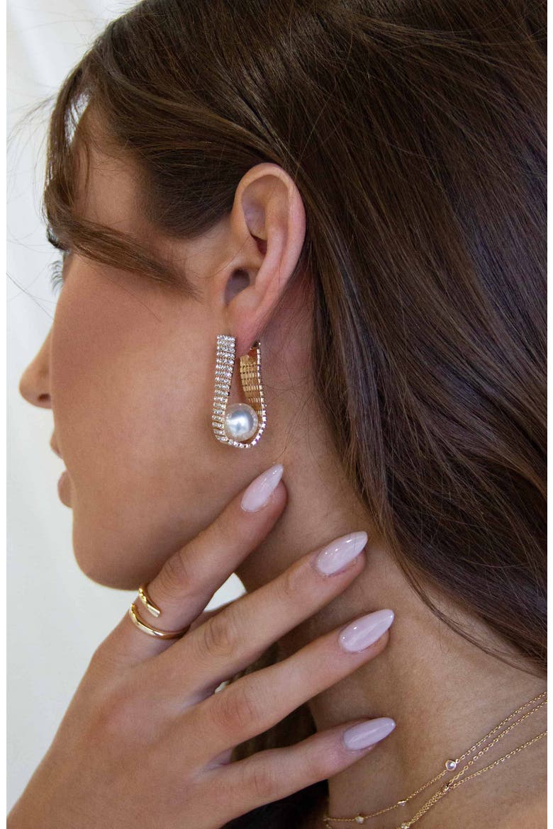 Pave Crystal & Imitation Pearl Front/Back Earrings, Alternate, color, GOLD