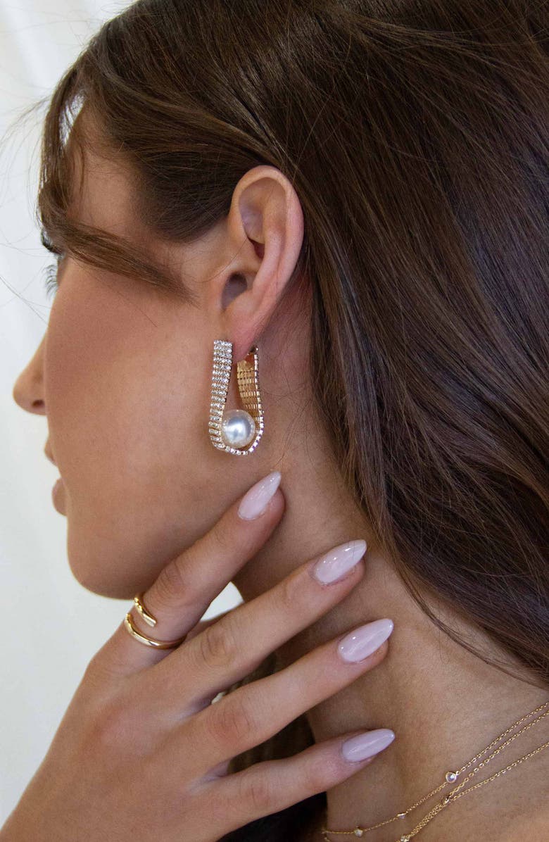 Ettika Pave Crystal & Imitation Pearl Front/Back Earrings, Alternate, color, Gold