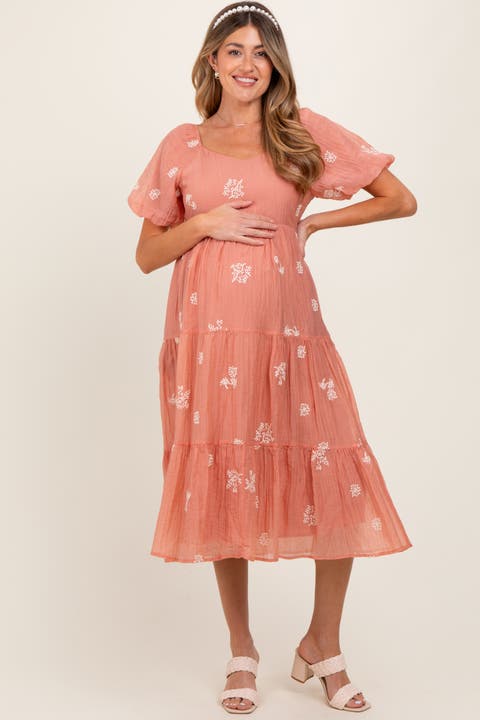Floral Embroidered Chiffon Midi Dress