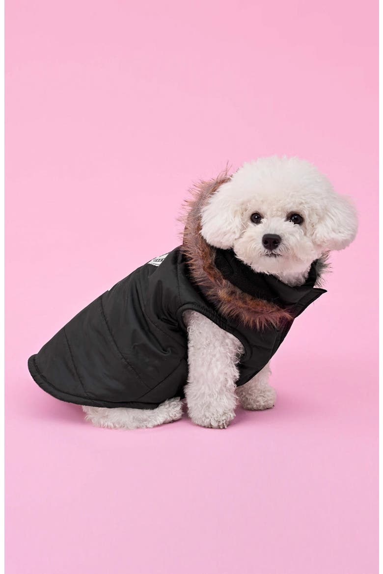 Faux Fur Hooded Pet Coat, Alternate, color, BLACK