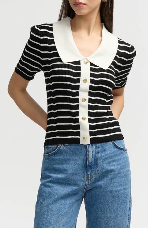 Stripe Short Sleeve Cotton Blend Sweater