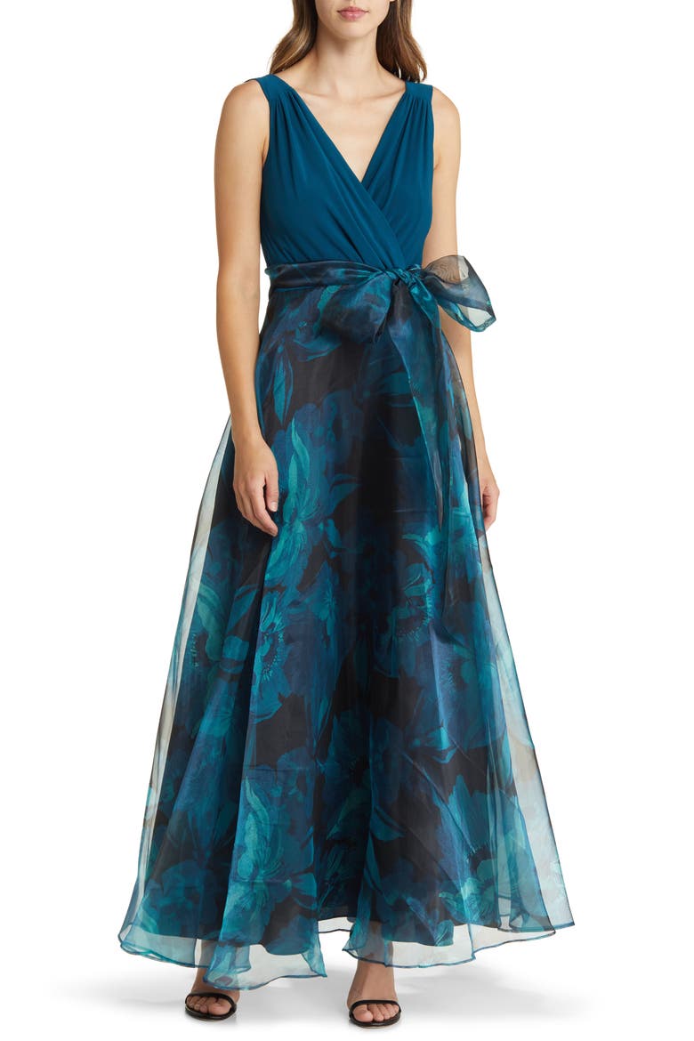 Mixed Media Sleeveless A-Line Gown, Main, color, TEAL