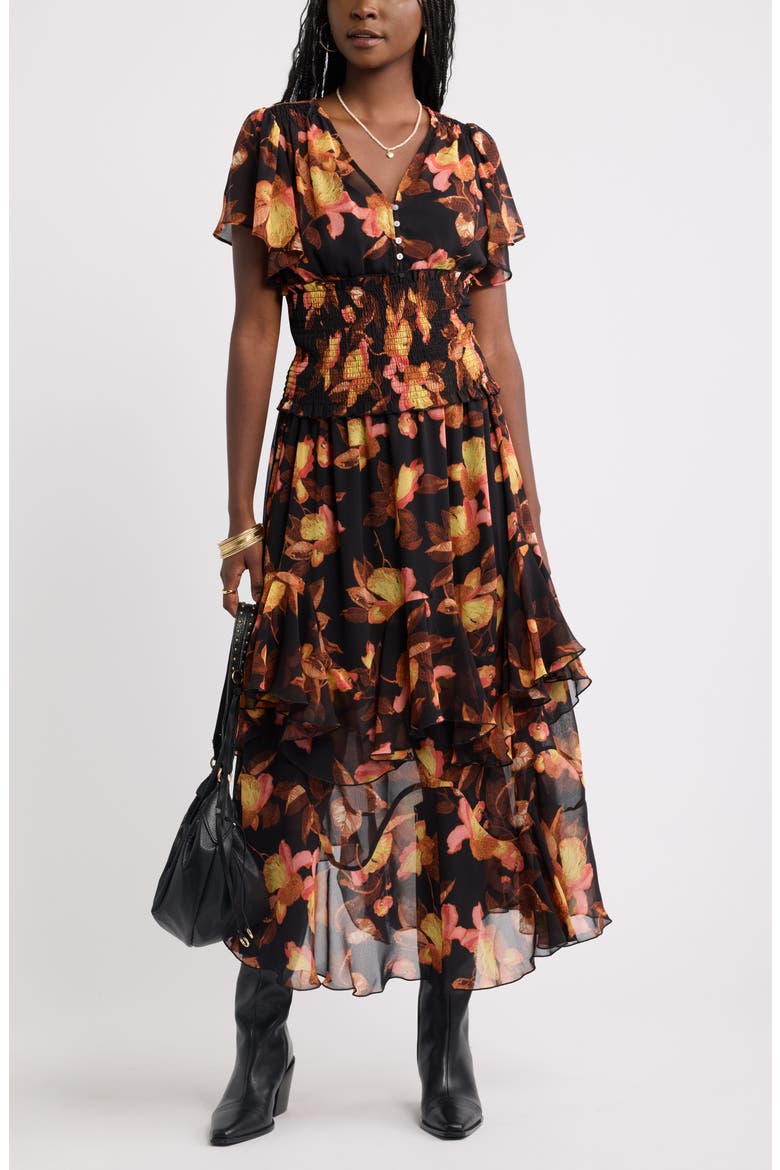 Tiered Chiffon Maxi Skirt, Alternate, color, BLACK- PINK BOLD PETALS