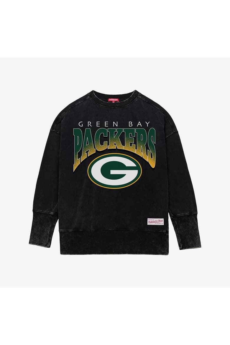 Women's Mitchell & Ness  Black Green Bay Packers Delineate Mineral Wash Crewneck Sweatshirt, Main, color, Black