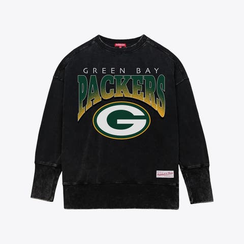 Women's Mitchell & Ness  Black Green Bay Packers Delineate Mineral Wash Crewneck Sweatshirt