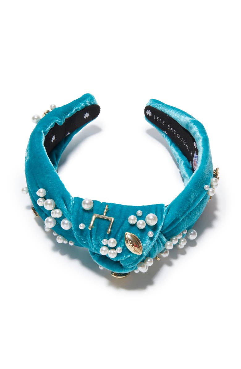 Lele Sadoughi Miami Dolphins Embellished Knotted Headband, Alternate, color, Aqua 400