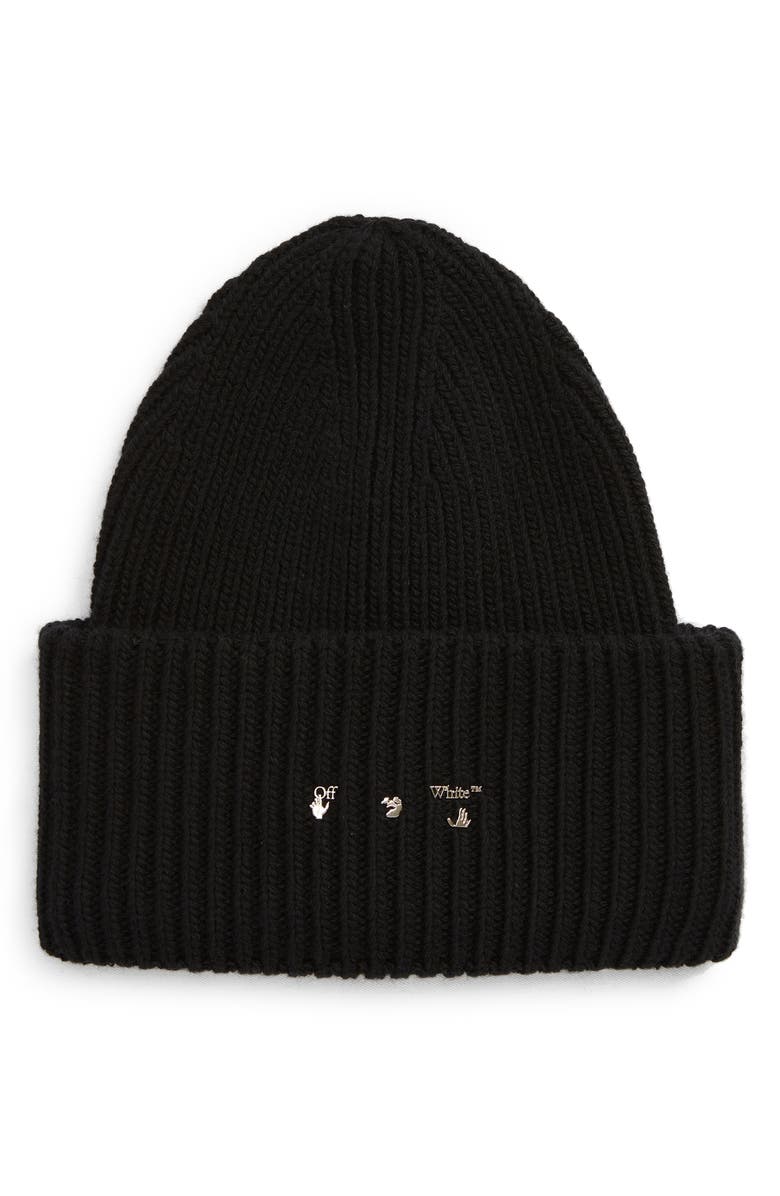 Off-White Logo Plaque Rib Wool Beanie, Main, color, 