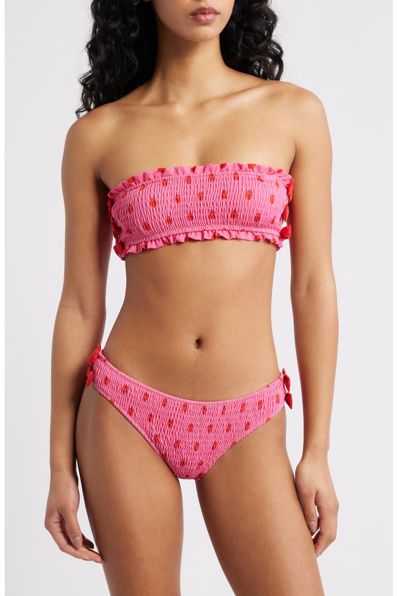 Polka Dot Smocked Bow Bandeau Bikini Top, Alternate, color, PINK