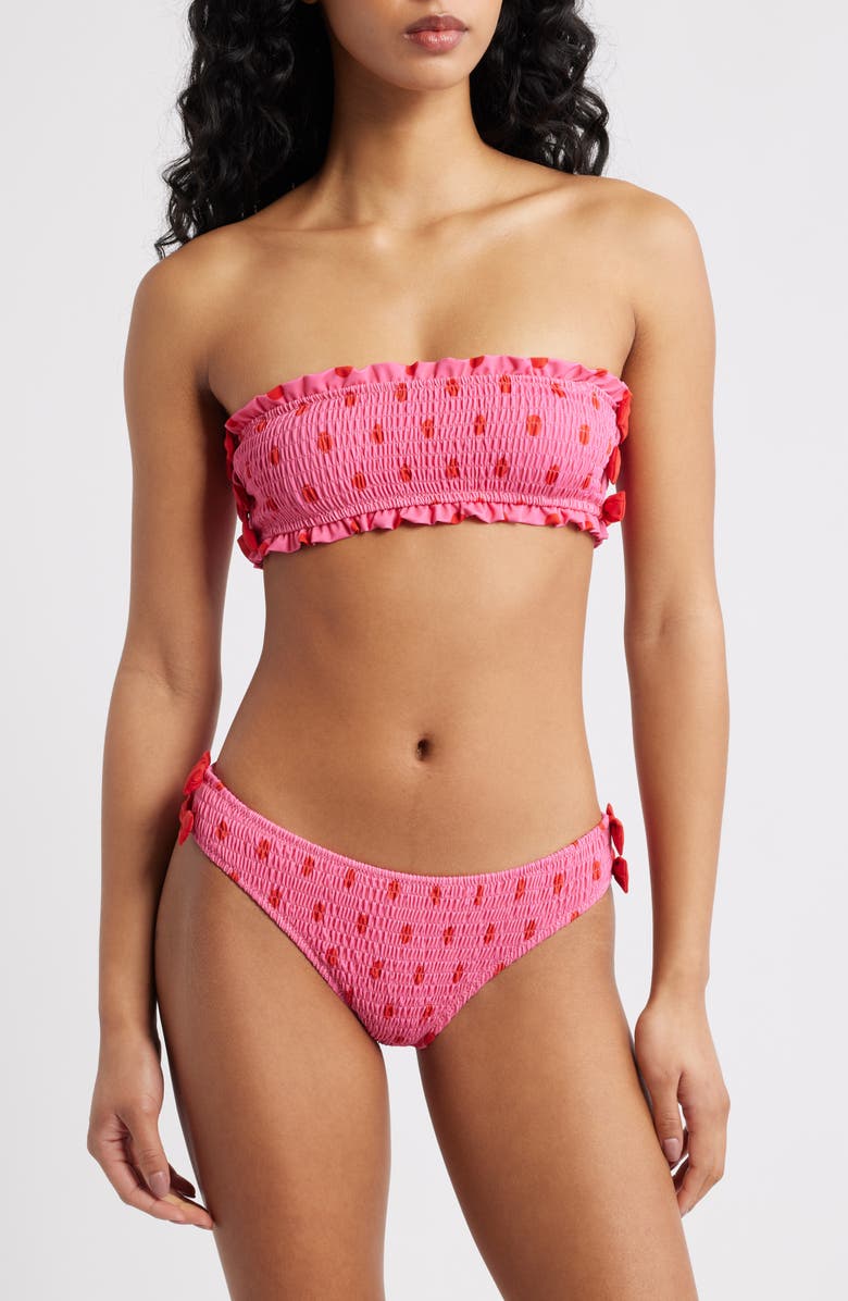 Damson Madder Polka Dot Smocked Bow Bandeau Bikini Top, Alternate, color, Pink