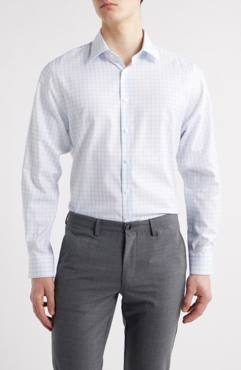 Premium Non-Iron Traditional Fit Windowpane Check Dress Shirt (Regular, Big & Tall)