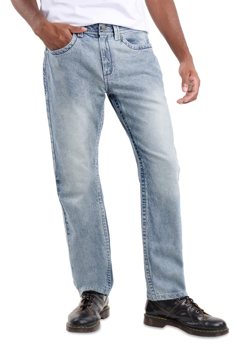 Saddle Stitch Relaxed Straight Leg Jeans, Main, color, LIGHT BLUE