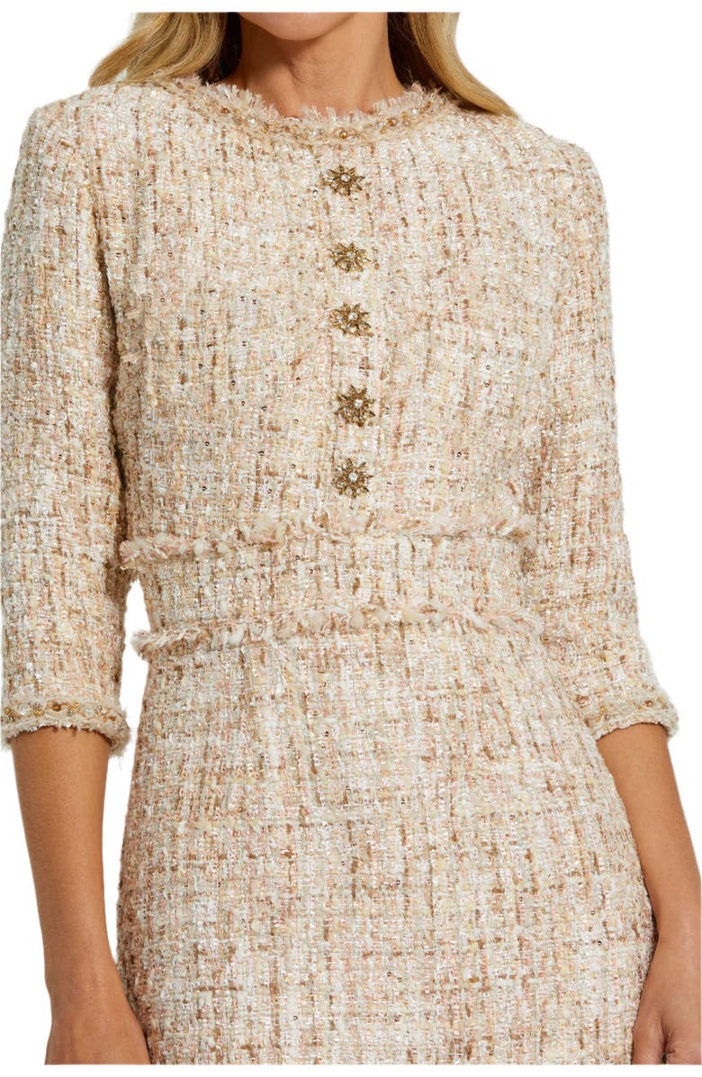 Mac Duggal High neck 3/4 Sleeve Beaded Trim Midi Dress, Alternate, color, Blush