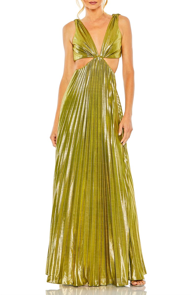 Mac Duggal Pleated Metallic Cutout Bodice With Open Back Gown, Main, color, Chartreuse