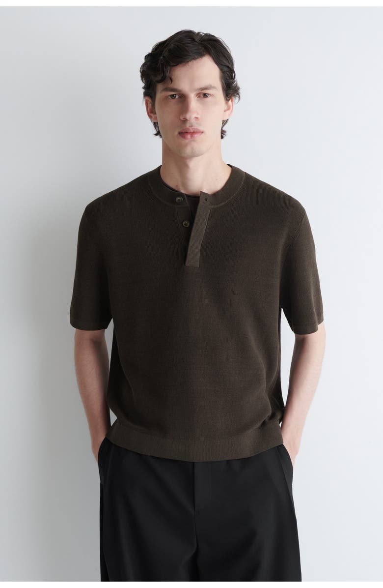 COS Knitted Linen Henley T-shirt, Main, color, Dark Brown