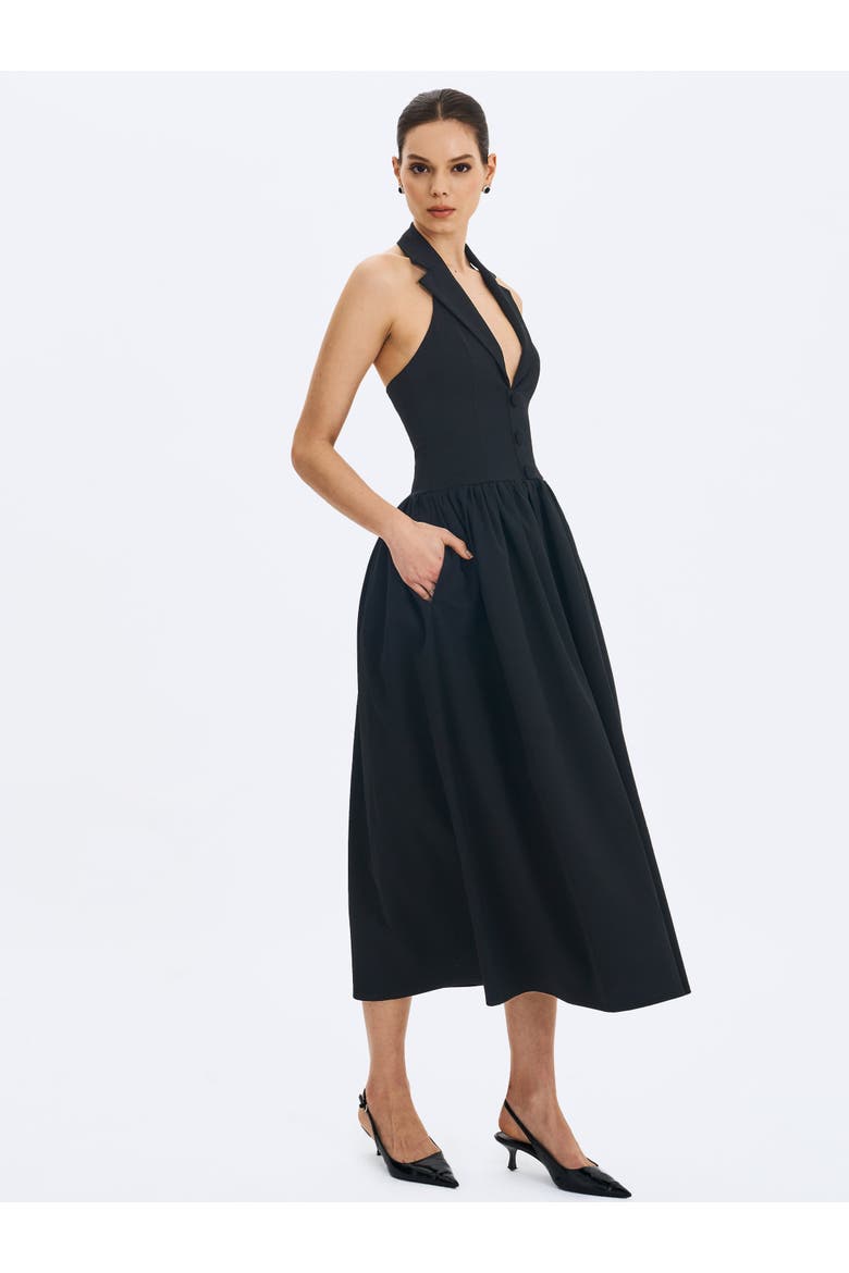 Delaney Lapel Halter Midi A-Line Dress, Alternate, color, Black