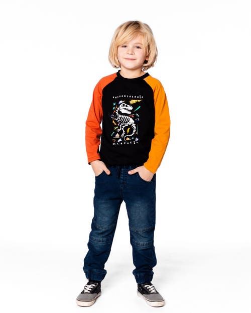 Deux Par Deux Long Sleeve Raglan T-shirt With Glow-in-the-dark Dinosaur In Multi