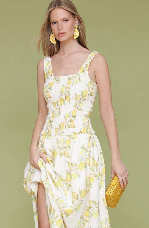 Avec Les Filles Smocked Sleeveless Fit & Flare Maxi Dress In Lemon Vine