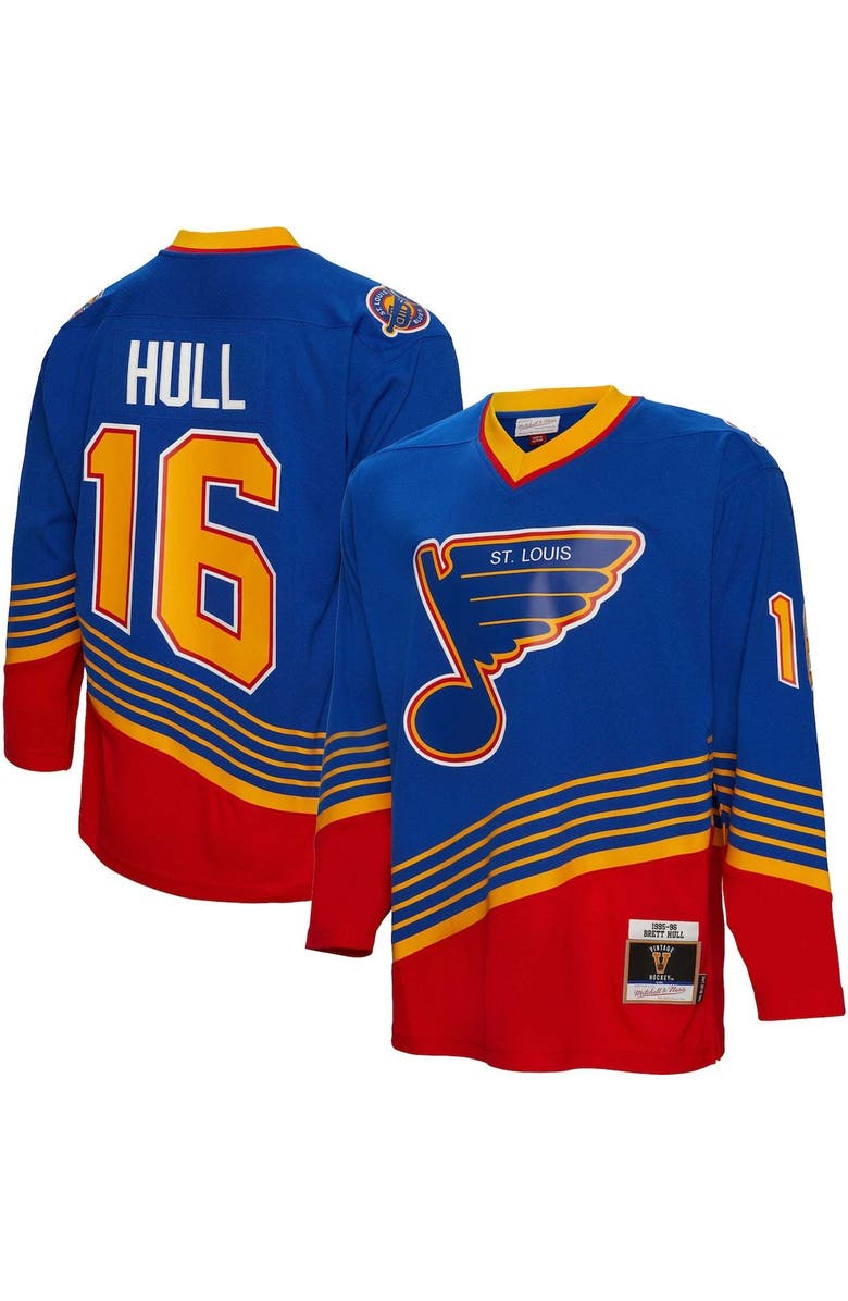 Mitchell & Ness Men's Mitchell & Ness Brett Hull Blue St. Louis Blues  1995/96 Blue Line Player Jersey, Main, color, 