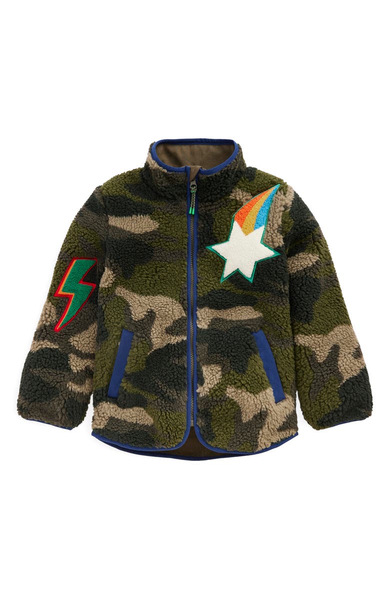 Mini Boden Kids' Camo Fleece Zip Jacket, Main, color, Camo Badges