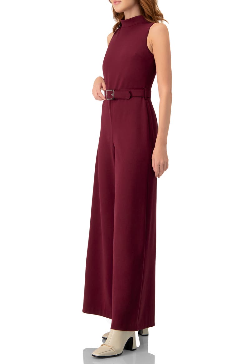 Sleeveless High Neck Jumpsuit with Belt, Alternate, color, Wine