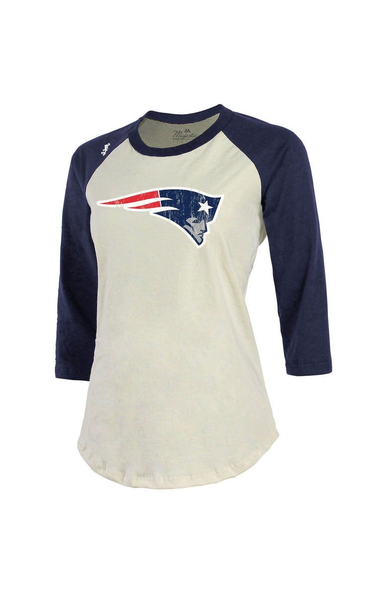 Majestic Threads Women's Majestic Threads Mac Jones Cream/Navy New England Patriots Player Name & Number Raglan 3/4-Sleeve T-Shirt, Alternate, color,