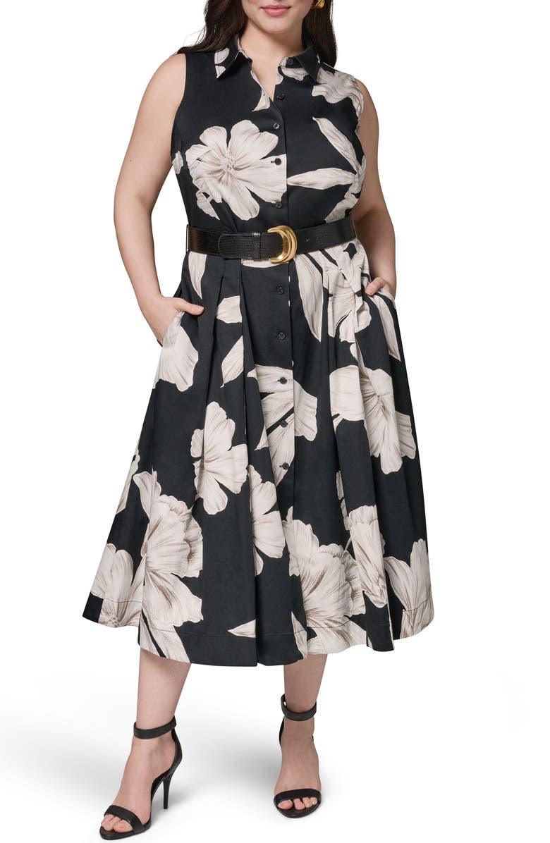DONNA KARAN Floral Sleeveless Stretch Cotton Shirtdress, Main, color, Black Multi