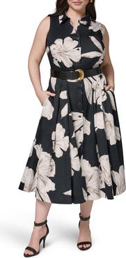 DONNA KARAN Floral Sleeveless Stretch Cotton Shirtdress