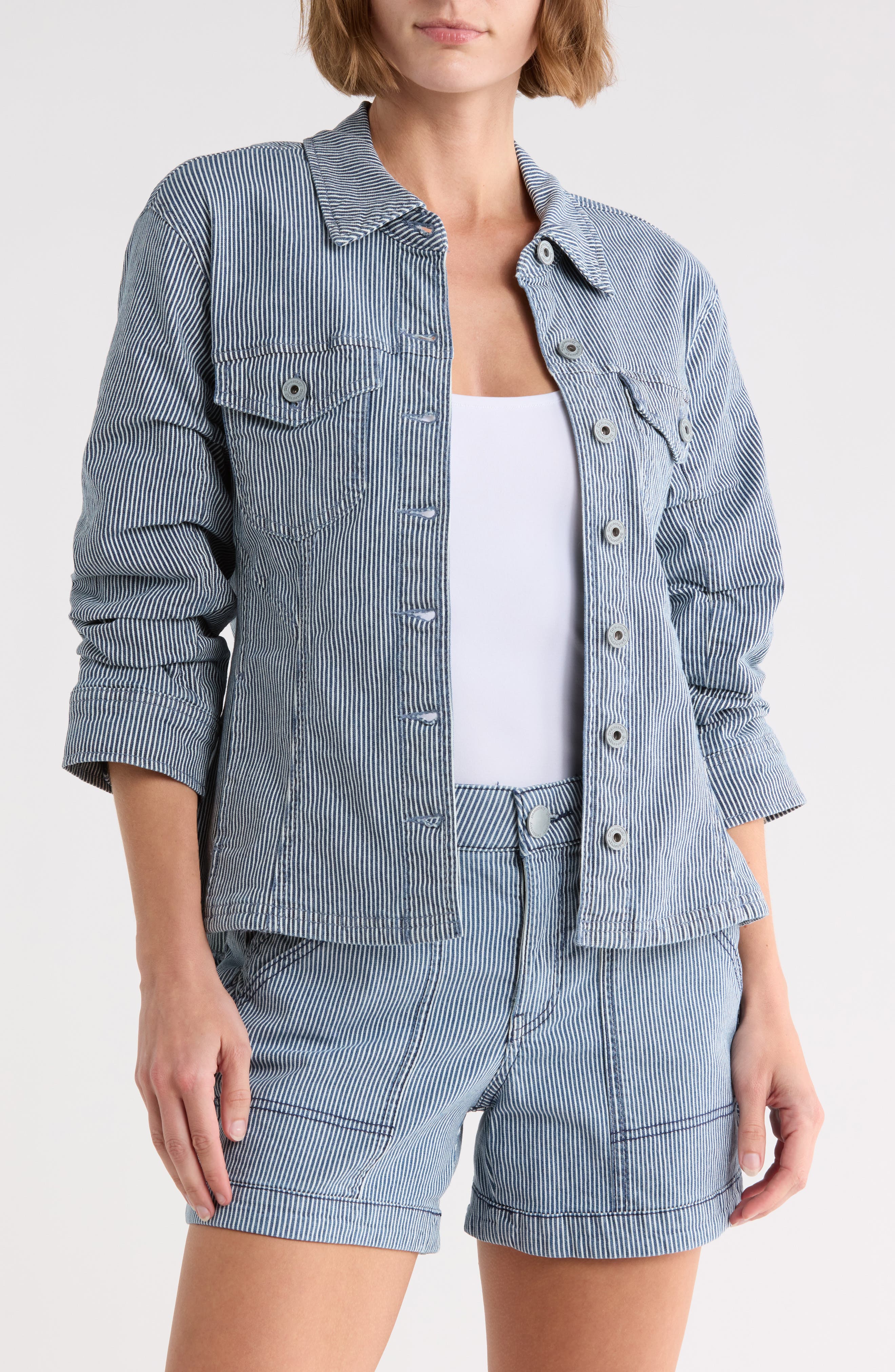 Democracy Stripe Ruched Sleeve Shirt Jacket