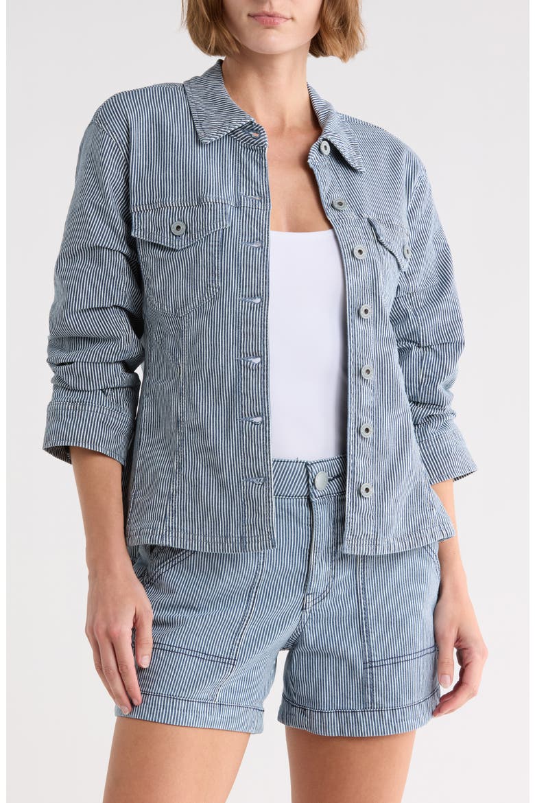 Stripe Ruched Sleeve Shirt Jacket, Main, color, DARK RAILROAD STRIPE
