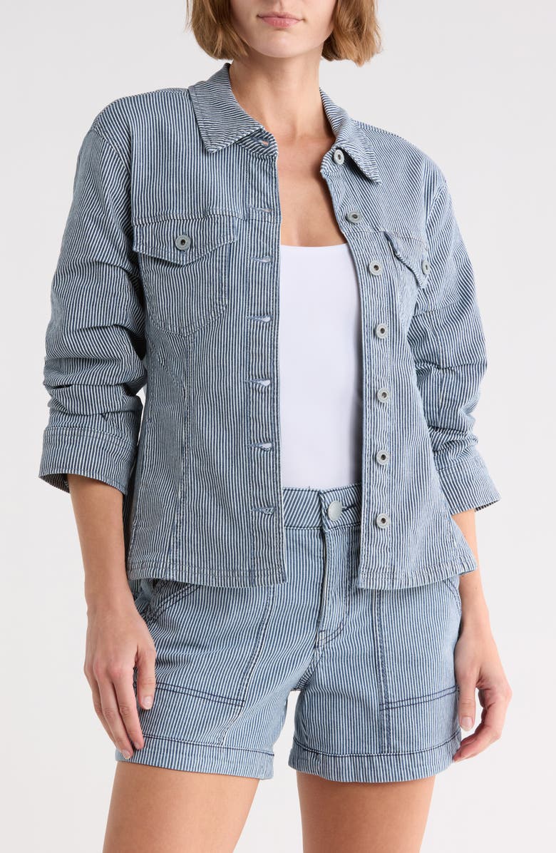 Democracy Stripe Ruched Sleeve Shirt Jacket, Main, color, Dark Railroad Stripe