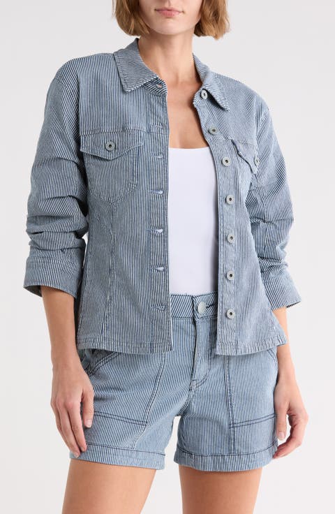 Stripe Ruched Sleeve Shirt Jacket