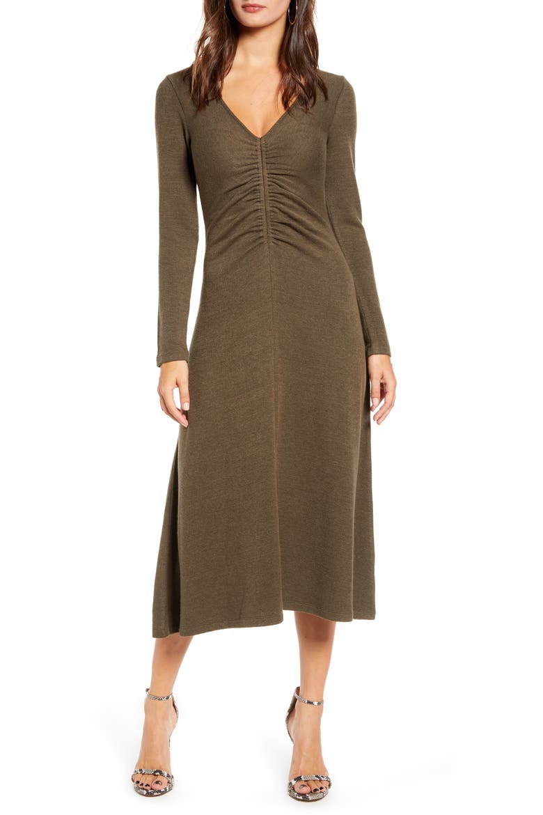 Cinch Front Long Sleeve Midi Sweater Dress, Main, color, OLIVE
