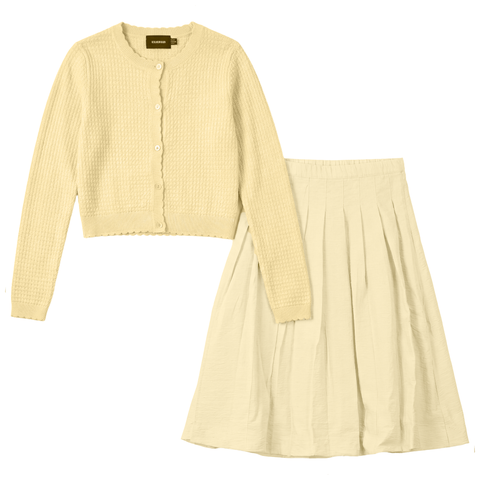 Pattern Knit Cardigan Pearl Button Pleated Skirt 2-Piece Set