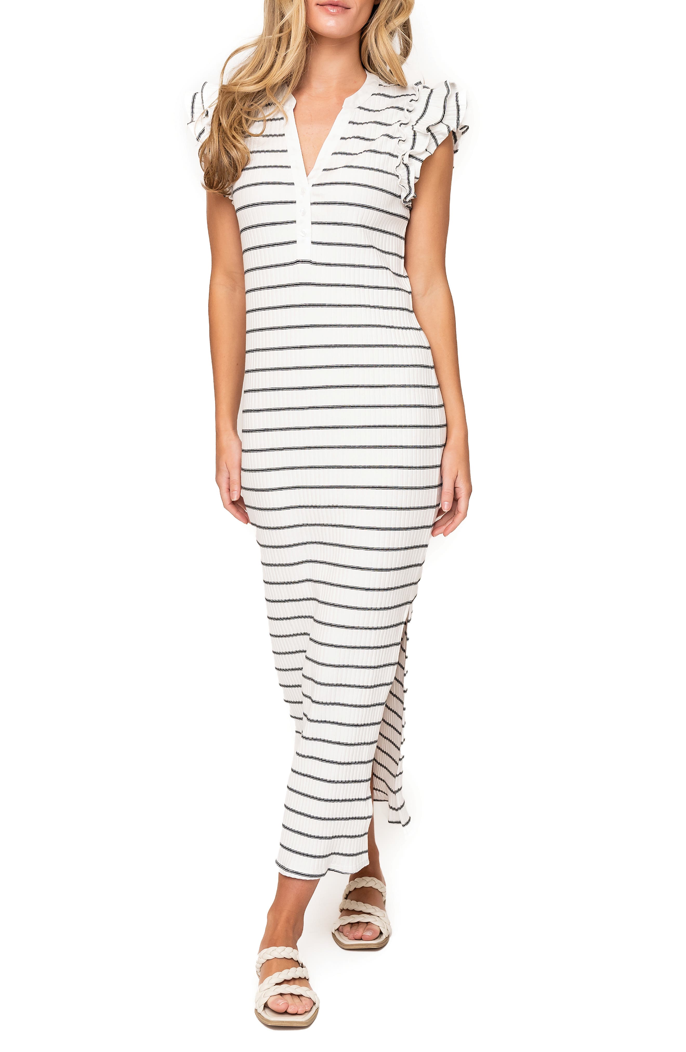 Ruffle Cap Sleeve Rib Henley Maxi Dress