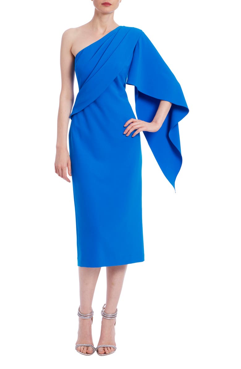 Badgley Mischka Collection One-Shoulder Drape Sleeve Sheath Cocktail Dress, Main, color, 